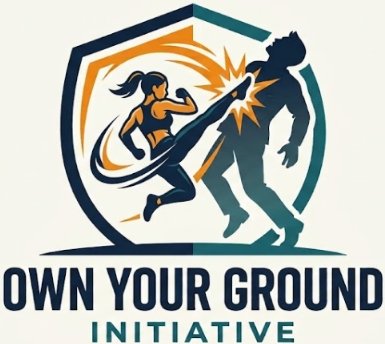 Own Your Ground Initiative logo — a woman landing a kick on an attacker inside a shield
